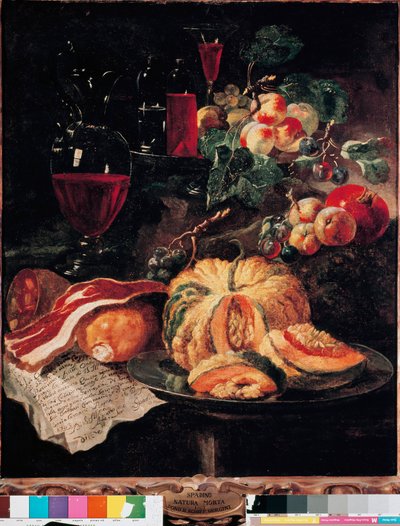 Martwa natura Dynia, bekon, szynka, brzoskwinie i wino. Obraz Giovan Paolo Castelli dit Lo Spadino (1659-1730) 1703 Rzym, Muzeum Conservatori capitolini autorstwa Giovanni Paolo Castelli