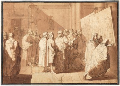 Z Bartolommeo Rafael pokazuje kartony Leonarda i Michała Anioła autorstwa Giovanni Paolo Lasinio