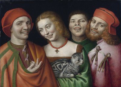 ""Portret trzech mężczyzn i kobiety trzymających kota"" (Trzech mężczyzn z kobietą trzymającą kota) Obraz Giovanniego Paolo Lomazzo (1538-1600) Kolekcja prywatna autorstwa Giovanni Paolo Lomazzo