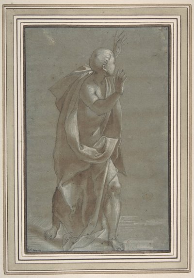 Stojąca, udrapowana postać mężczyzny z uniesionymi rękami, 1565-71. autorstwa Giovanni Paolo Lomazzo