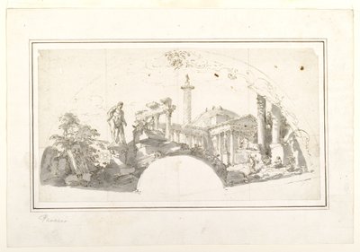 Projekt dla fana: Capriccio z rzymskimi ruinami i Herkulesem z Farnese autorstwa Giovanni Paolo Panini