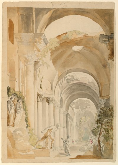 Rysunek przedstawiający rzymskie ruiny z postaciami, ok. 1745 r. autorstwa Giovanni Paolo Panini