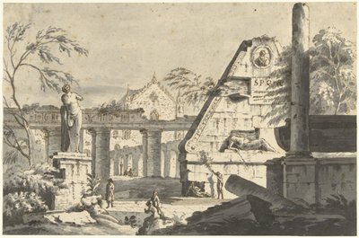 Krajobraz ze starożytnymi ruinami budynków i posągami autorstwa Giovanni Paolo Pannini (possibly)