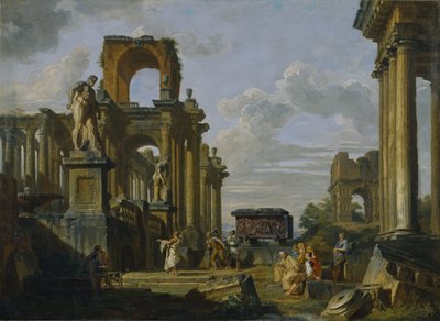 Architektoniczne Capriccio Forum Romanum z filozofami i żołnierzami wśród starożytnych ruin autorstwa Giovanni Paolo Pannini
