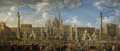 Przygotowanie do pokazu fajerwerków na Piazza Navona w Rzymie z okazji narodzin delfina, 1729 autorstwa Giovanni Paolo Pannini