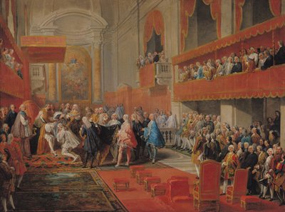 Wręczenie Orderu Ducha Świętego księciu Vaini przez Paula-Hippolyte de Beauvillers (1684-1776) księcia Saint-Aignan w 1732 r., c.1752 autorstwa Giovanni Paolo Pannini