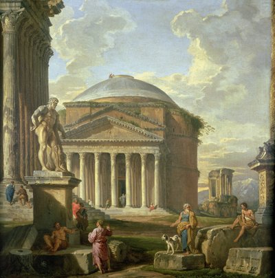 Widok na Panteon, Herkulesa Farnese i inne rzymskie ruiny autorstwa Giovanni Paolo Pannini