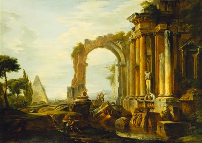 Capriccio klasycznych ruin z piramidą Cestiusza i postaciami w krajobrazie, autorstwa Giovanni Paolo Pannini