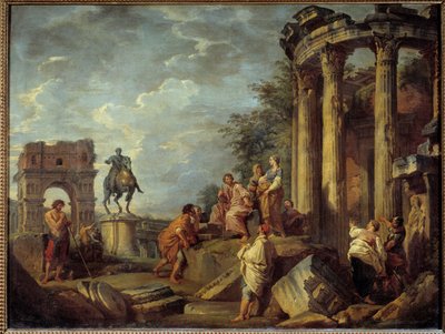 Ruiny architektoniczne z łukiem Janusa, świątynią Westy i posągiem Marca Aurele (Marco Aurelio) Obraz Giovanniego Paolo Panniniego (Panini) (1691-1765) XVIII w. Słońce. 0,79x0,87 m² autorstwa Giovanni Paolo Pannini