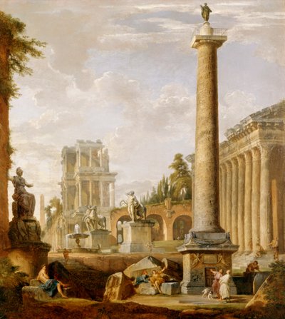 Capriccio das ruínas romanas com a Coluna de Trajano (óleo sobre tela) polimento autorstwa Giovanni Paolo Pannini