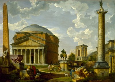 Fantastyczny widok z Panteonem i innymi zabytkami starożytnego Rzymu autorstwa Giovanni Paolo Pannini