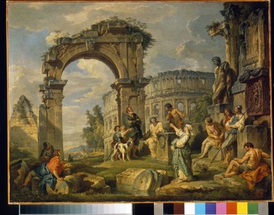Sybilla z Kume (Włochy) przepowiada narodziny Chrystusa. (Kumejska Sybilla przepowiedziała narodziny Chrystusa). Obraz Giovanniego paolo panini (lub Panniniego) (1691-1765), olej na płótnie autorstwa Giovanni Paolo Pannini