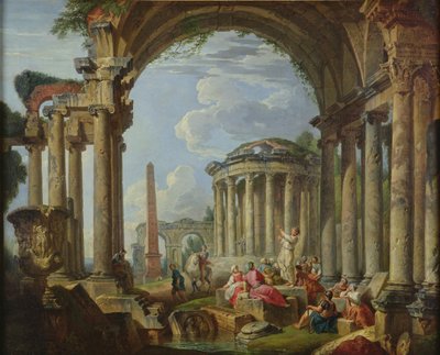 Głoszenie wśród starożytnych ruin, ok. 1740-50 autorstwa Giovanni Paolo Pannini