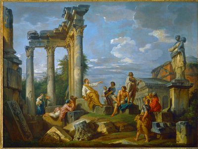 Drapieżnik pośród ruin Rzymu wzbogaconych figurami, z Panteonem i posągiem Flory ... (obraz na płótnie) autorstwa Giovanni Paolo Pannini or Panini
