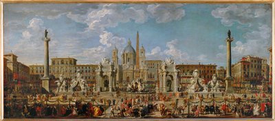 Przygotowania do pokazu sztucznych ogni i dekoracji na uroczystości na Piazza Navona w Rzymie w dniu 30 listopada ... autorstwa Giovanni Paolo Pannini or Panini