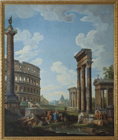 Capriccio z figurami w rzymskich ruinach, w tym Łuk Konstantyna i Panteon, Koloseum i Kolumna Trajana (Kolumna Trajana lub Colonna Traiana) - Obraz Giovanniego Paolo Paniniego (Pannini) (1691-1765), olej na płótnie, 210,8 x1 autorstwa Giovanni Paolo Pannini