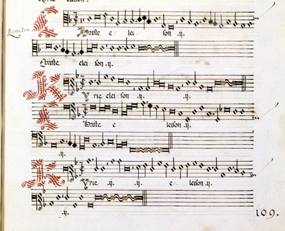 Rękopis Kyrie „Messes of Mantua” Giovanniego Pierluigiego da Palestrina (1525-1594), włoskiego kompozytora. autorstwa Giovanni Pierluigi da (after) Palestrina