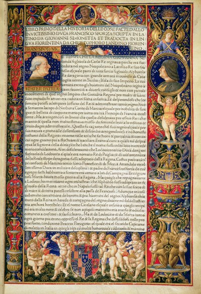 Grenville MS 7251 Frontyspis luksusowej kopii „Sforziady lub życia Francesco Sforzy”, wykonany dla Ludovico Sforzy, włoskie tłumaczenie łacińskiego oryginału napisane przez Giovanniego Simonettę autorstwa Giovanni Pietro Birago