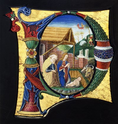 Duży historyczny inicjał „P”, przedstawiający szopkę, ok. 1490 autorstwa Giovanni Pietro Medici Da Crema
