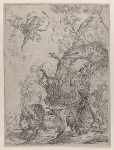 Kuźnia Wulkana z kowalami uderzającymi młotami w kowadło..., 1640-59. autorstwa Giovanni Pietro Possenti