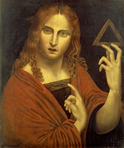 Chrystus Odkupiciel trzymający symbol Trójcy (panel) autorstwa Giovanni Pietro Rizzoli (school of) Giampietrino