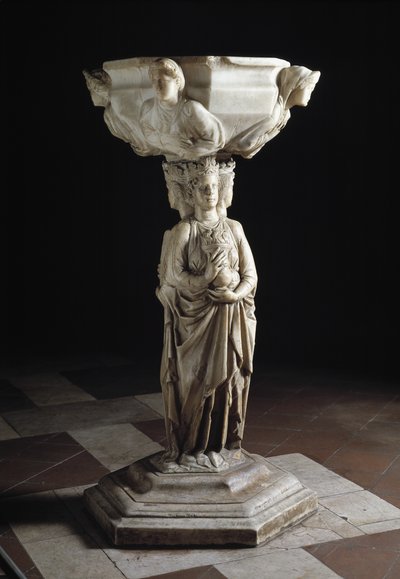 Kropielnica z filarem ozdobionym trzema cnotami teologicznymi i miską ozdobioną popiersiami czterech cnót kardynalnych, XIII w. (rzeźba) autorstwa Giovanni Pisano
