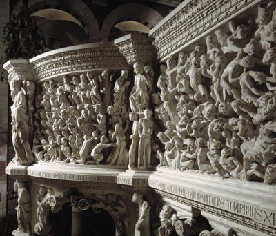 Szczegół Krzesła zrealizowany przez Giovanniego Pisano (1248-1314): Chrystus sędzia między wybrańcami a potępionymi (Szczegóły płaskorzeźb marmurowej ambony, Chrystus między wybrańcami a potępionymi duszami) 1302-1311 Katedra w Pizie (Duomo di Piza), Włoch autorstwa Giovanni Pisano