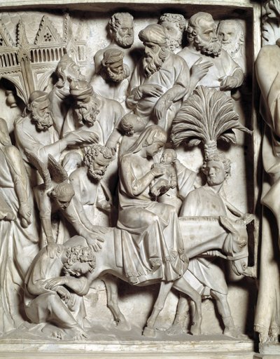 Szczegół płaskorzeźby Krzesła zrealizowany przez Giovanniego Pisano (1248-1314): Szczegół płaskorzeźby marmurowej ambony, lot do Egiptu 1302-1311 Cathedrale de Pisa (Duomo di Pisa), Włochy autorstwa Giovanni Pisano