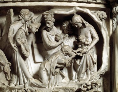 Detal płaskorzeźb Krzesła zrealizowanych przez Giovanniego Pisano (1248-1314): Detal płaskorzeźb marmurowej ambony, adoracja Trzech Króli 1302-1311 Katedra w Pizie (Duomo di Pisa), Włochy autorstwa Giovanni Pisano