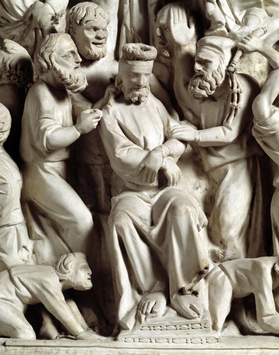Szczegół płaskorzeźby Krzesła zrealizowany przez Giovanniego Pisano (1248-1314): Szczegół płaskorzeźby marmurowej ambony, wyśmiewany przez Jezusa 1302-1311 Katedra w Pizie (Duomo di Pisa), Włochy autorstwa Giovanni Pisano