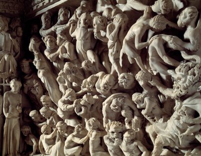 Detal płaskorzeźb Krzesła zrealizowanych przez Giovanniego Pisano (1248-1314): przeklęte (Szczegóły płaskorzeźb marmurowej ambony) 1302-1311 Cathedrale de Pisa (Duomo di Pisa), Włochy autorstwa Giovanni Pisano