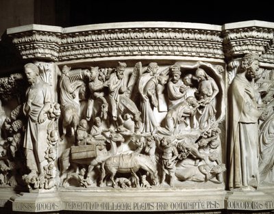 Detal płaskorzeźb Krzesła zrealizowanych przez Giovanniego Pisano (1248-1314): podróż i adoracja Trzech Króli (Szczegóły płaskorzeźb marmurowej ambony, podróż i adoracja Trzech Króli) 1302-1311 Katedra w Pizie (Duomo di Pisa), Włochy autorstwa Giovanni Pisano