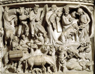 Detal płaskorzeźb Krzesła zrealizowanych przez Giovanniego Pisano (1248-1314): podróż i adoracja Trzech Króli (Szczegóły płaskorzeźb marmurowej ambony, podróż i adoracja Trzech Króli) 1302-1311 Katedra w Pizie (Duomo di Pisa), Włochy autorstwa Giovanni Pisano