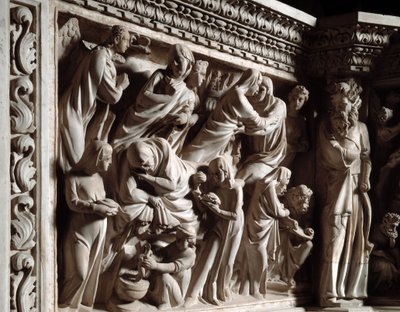 Detal płaskorzeźb Krzesła zrealizowanych przez Giovanniego Pisano (1248-1314): Zwiastowanie, Nawiedzenie i narodziny Jana Chrzciciela (Szczegóły płaskorzeźb marmurowej ambony, Zwiastowanie, Nawiedzenie i narodziny św. Jana Chrzciciela) 1302 -1311 Kato autorstwa Giovanni Pisano