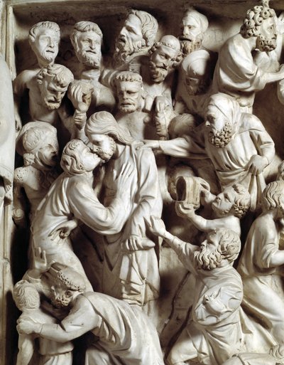 Detal płaskorzeźb Krzesła zrealizowanych przez Giovanniego Pisano (1248-1314): Pocałunek Judasza (Szczegóły płaskorzeźby marmurowej ambony, Pocałunek Judasza) 1302-1311 Katedra w Pizie (Duomo di Pisa), Włochy autorstwa Giovanni Pisano
