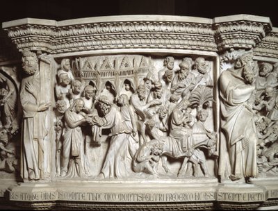 Detal płaskorzeźb Krzesła zrealizowanych przez Giovanniego Pisano (1248-1314): przedstawienie Jezusa w świątyni i ucieczka do Egiptu (Detal płaskorzeźby marmurowej ambony) 1302-1311 Katedra w Pizie (Duomo di Pisa) , Włochy autorstwa Giovanni Pisano