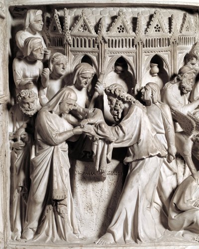 Detal płaskorzeźb Krzesła zrealizowanych przez Giovanniego Pisano (1248-1314): przedstawienie Jezusa w świątyni (Szczegóły płaskorzeźb marmurowej ambony) 1302-1311 Katedra w Pizie (Duomo di Pisa), Włochy autorstwa Giovanni Pisano
