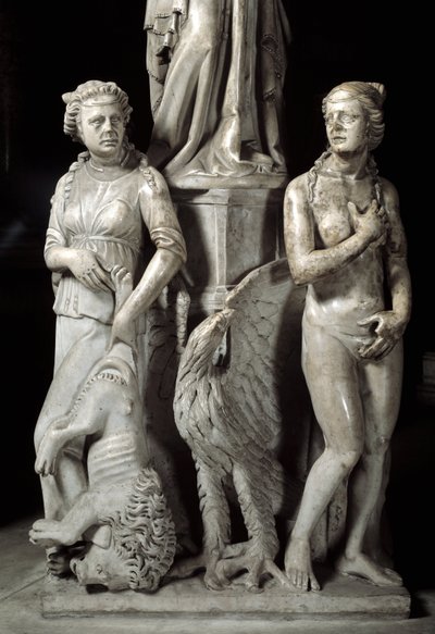 Detal rzeźbionych grup podtrzymujących Krzesło zrealizowanych przez Giovanniego Pisano (1248-1314): dwie cnoty kardynalne (Detal rzeźb podtrzymujących marmurową ambonę, dwie cnoty kardynalne) 1302-1311 Cathedrale de Pisa (Duomo di Pisa), Włochy autorstwa Giovanni Pisano