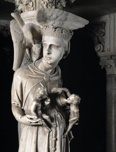 Fragment rzeźbionych grup podtrzymujących Krzesło zrealizowanych przez Giovanniego Pisano (1248-1314): Kościół karmi swoje dzieci (Szczegół rzeźb podtrzymujących marmurową ambonę, Kościół karmi swoje dzieci) 1302-1311 Cathedrale de Pisa (Duomo di Pis autorstwa Giovanni Pisano