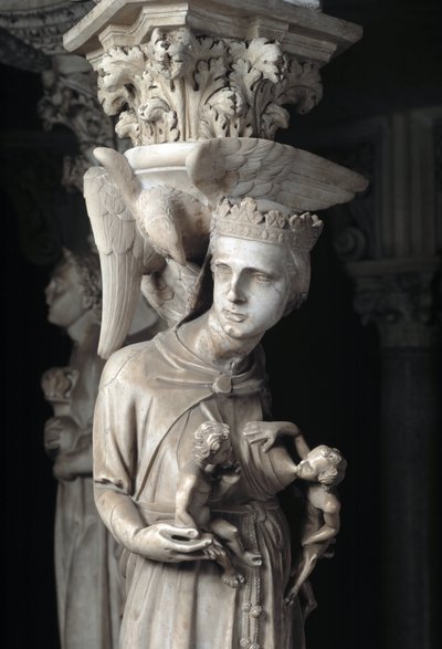 Fragment rzeźbionych grup podtrzymujących Krzesło zrealizowanych przez Giovanniego Pisano (1248-1314): Kościół karmi swoje dzieci (Szczegół rzeźb podtrzymujących marmurową ambonę, Kościół karmi swoje dzieci) 1302-1311 Cathedrale de Pisa (Duomo di Pis autorstwa Giovanni Pisano