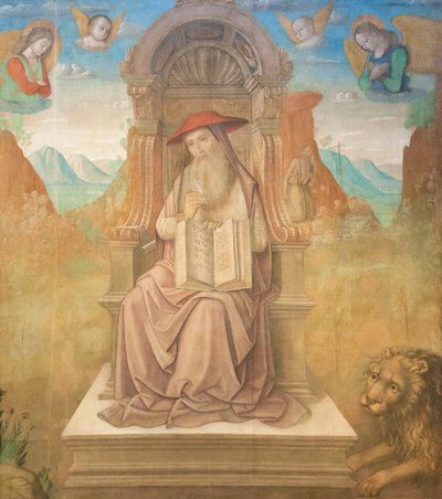 Święty Hieronim na tronie (tempera na desce) autorstwa Giovanni Santi or Sanzio