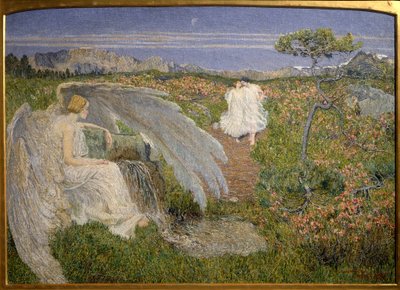 Love Source of Life: Anioł oglądający parę spacerującą w sennym krajobrazie autorstwa Giovanni Segantini
