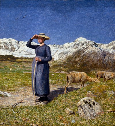 Południe w Alpach Bergerka chroniąca oczy przed słońcem. Obraz Giovanniego Segantiniego (1858-1899) 1891 Nd. 7,5x71,57 cm Kolekcja O. Fischebacher autorstwa Giovanni Segantini