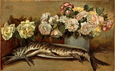 Martwa natura z kwiatami i rybami lub szczupakami i różami autorstwa Giovanni Segantini