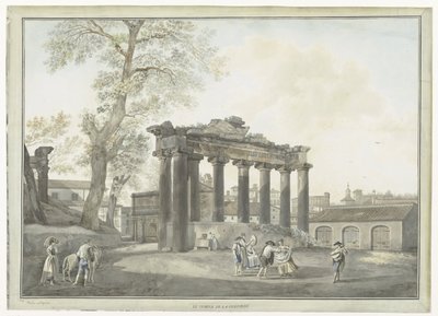 Widok na świątynię Saturna w Rzymie Le Temple de la Concorde (tytuł na obiekcie) Widoki na Rzym i okolice (tytuł serii) autorstwa Giovanni Volpato