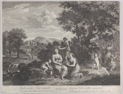 Primavera, grupa kobiet zbierających kwiaty i wyrabiających z nich korony, ok. godz. 1764. autorstwa Giovanni Volpato