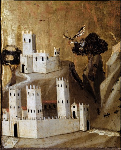 Ołtarz Rinuccini: Dziewica z Dzieciątkiem ze świętymi - Fragment predelle przedstawiający miasto - tempera na desce autorstwa Giovanni da Milano