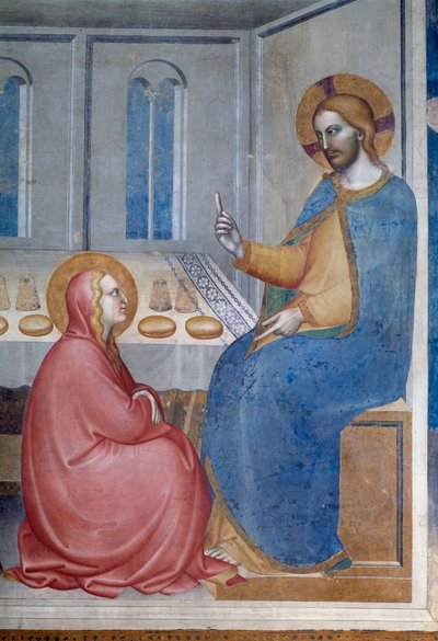 Życie dziewicy: Chrystus w Domu Marty i Marii (fragment) - Fresk autorstwa Giovanni da Milano