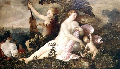 Alegoria Zwycięstwa Weneckiego, centralna postać Fortuny lub Przypadku wraz z postaciami symbolizującymi Naturę i Muzykę, ok. 1518 autorstwa Giovanni de Busi Cariani
