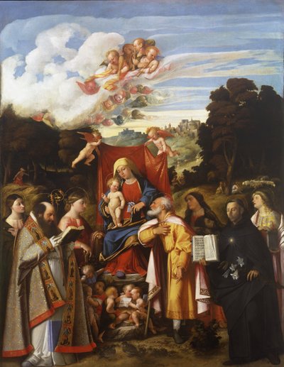 Madonna intronizowana z aniołami, św. Apollonia, św. Augustyn, św. Katarzyna, św. Józef, św. Grata, św. Filip Benizzi i św. Barbara (ołtarz św. Gotarda) autorstwa Giovanni de Busi Cariani